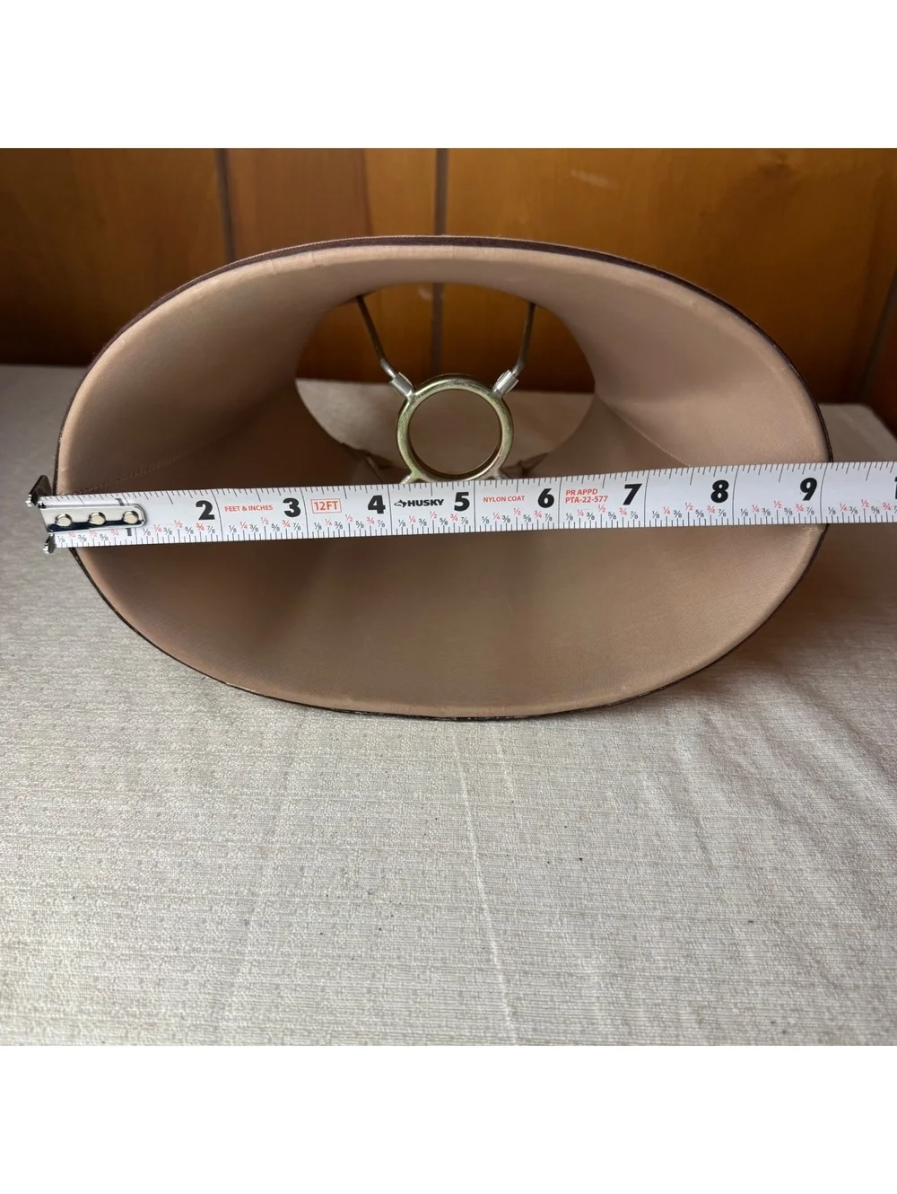 Vintage Bell Shaped Beige Fabric Lampshade Brown Trim 7 Inch Tall